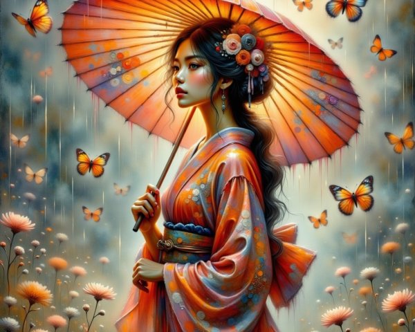 Serene Woman with Orange Parasol in Floral Setting