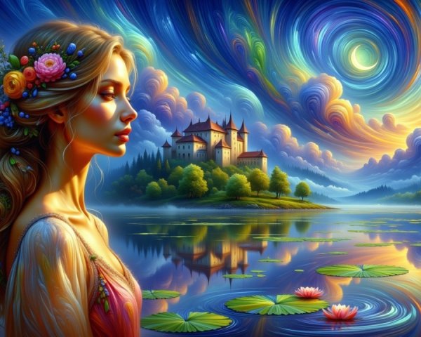 Serene Woman by Tranquil Lake with Castle Reflection