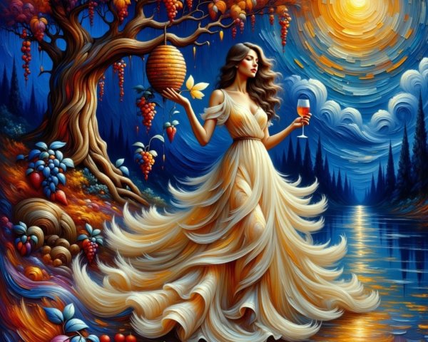 Woman in Golden Gown by Serene Lake in Autumn