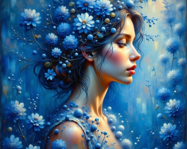 Portrait of a woman with blue flower crown and serene background