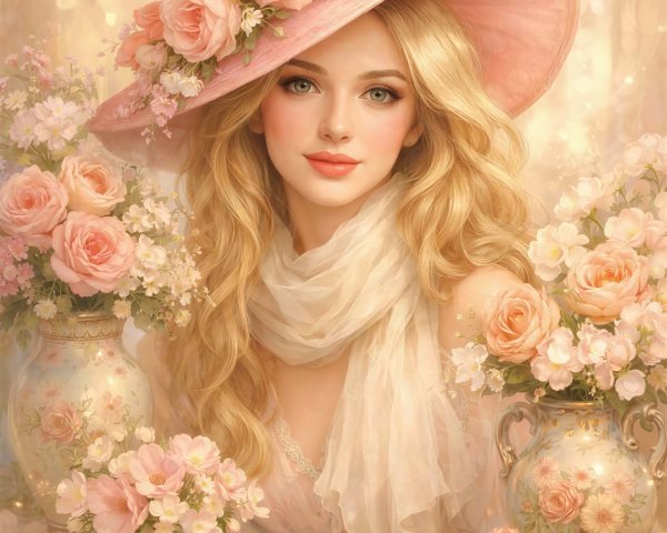 Blonde Woman in Pink Hat Surrounded by Roses