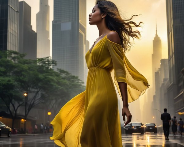 Woman in Yellow Dress on City Street at Dawn