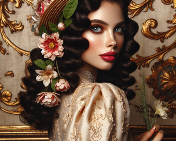 Elegant Woman in Vintage Dress with Floral Accents