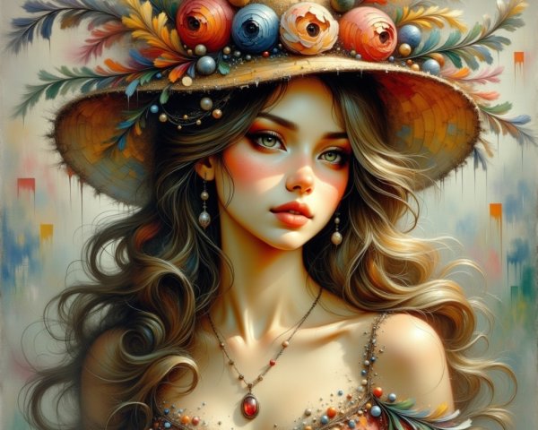 Young Woman in Floral Hat with Elegant Outfit