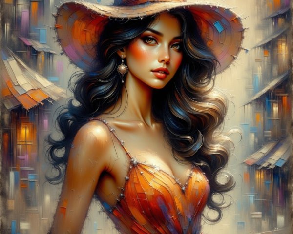 Portrait of a Woman in a Colorful Wide-Brimmed Hat