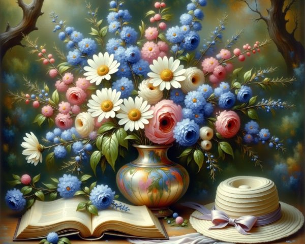 Vibrant Floral Arrangement with Book and Straw Hat