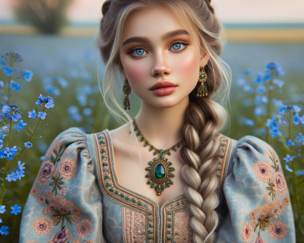 Young Woman in Floral Dress Among Blue Flowers