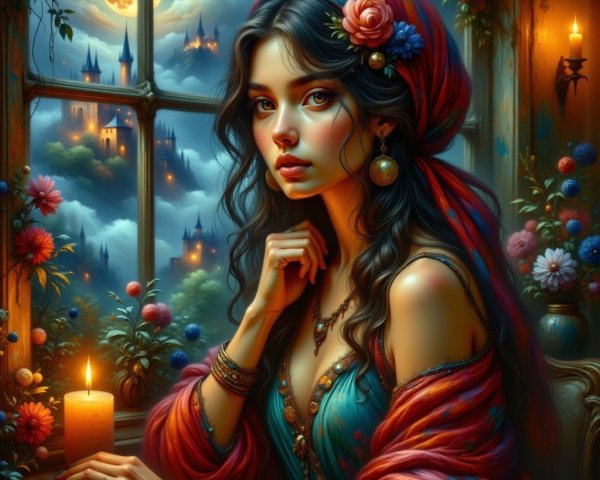 Young Woman by Candlelight with Mystical Landscape