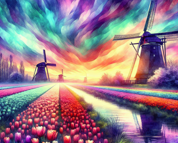 Vibrant Tulip Fields and Traditional Windmills Landscape