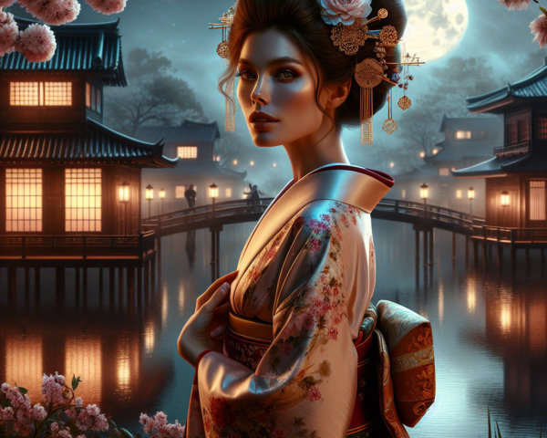 Moonlit Scene of Woman in Kimono by Serene Pond