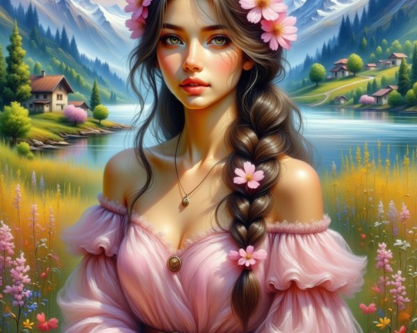 Young Woman in Pink Dress by Scenic Lake and Mountains