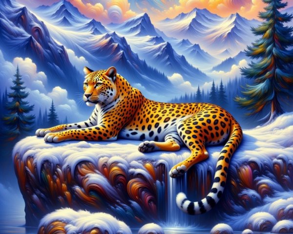Leopard on Snowy Ledge in Mountain Landscape