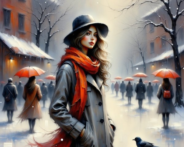Stylish Woman in Snowy Urban Scene with Umbrellas