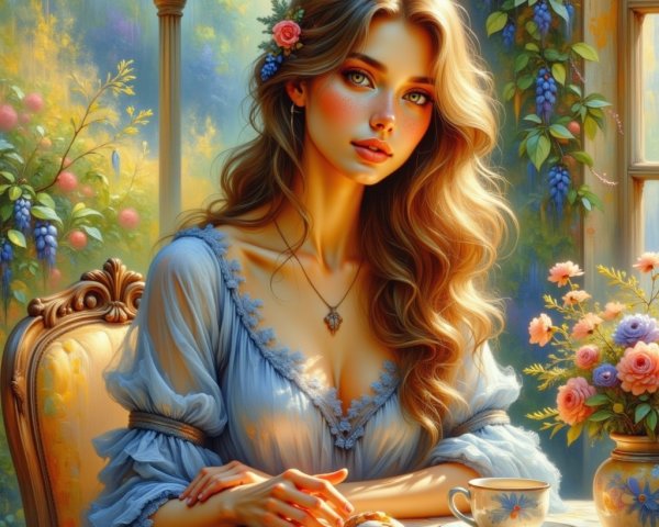 Young Woman at Elegant Table Surrounded by Nature