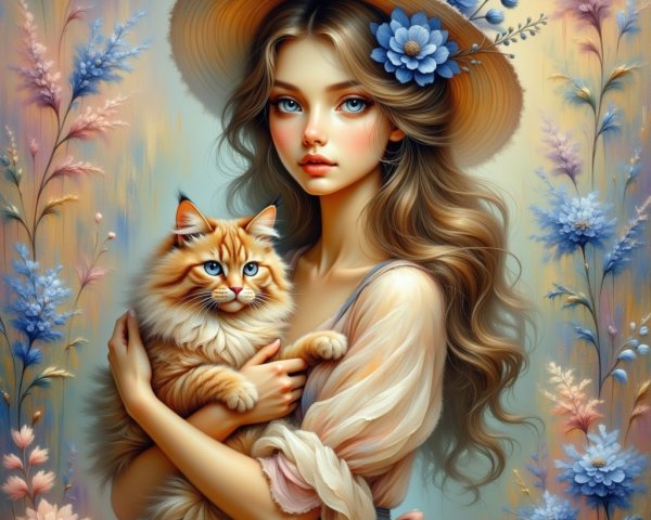 Young woman with cat in floral hat and pastel background