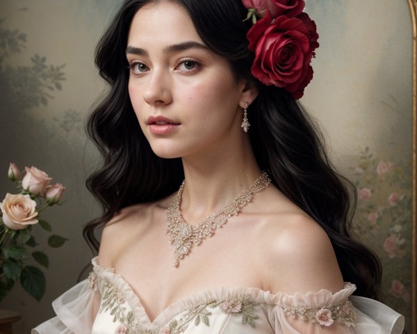 Detailed Portrait of a Noble Young Woman with Roses