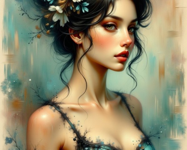 Young woman in blue corset with daisies and turquoise backdrop