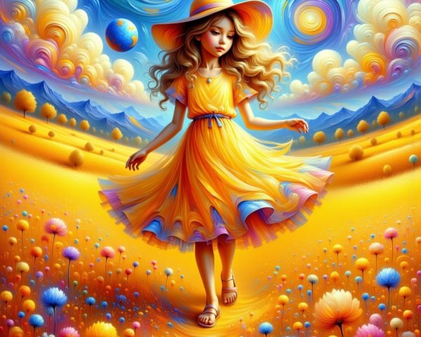 Young girl in yellow dress in colorful landscape