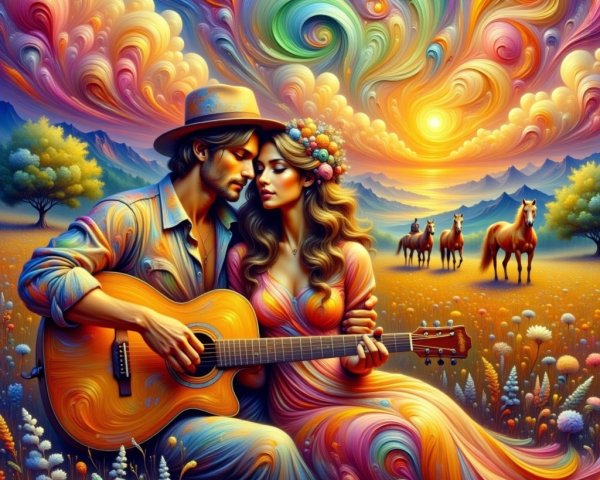 Couple in Vibrant Landscape with Guitar and Sunset