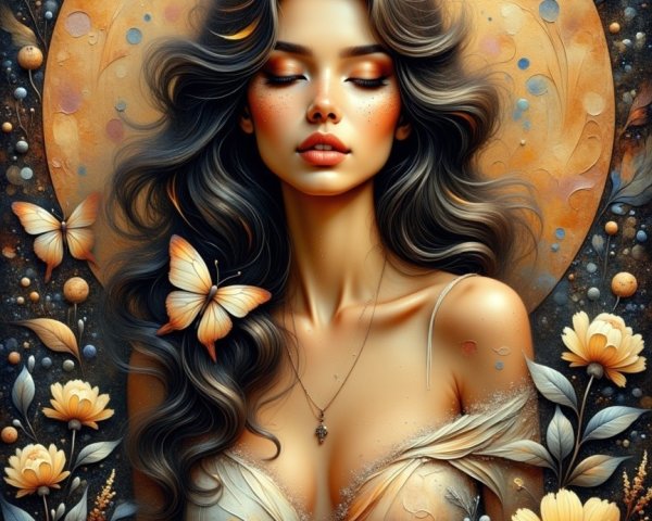 Serene Woman with Butterflies and Yellow Flowers