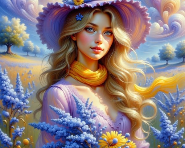 Young woman in a flower-filled field with clouds