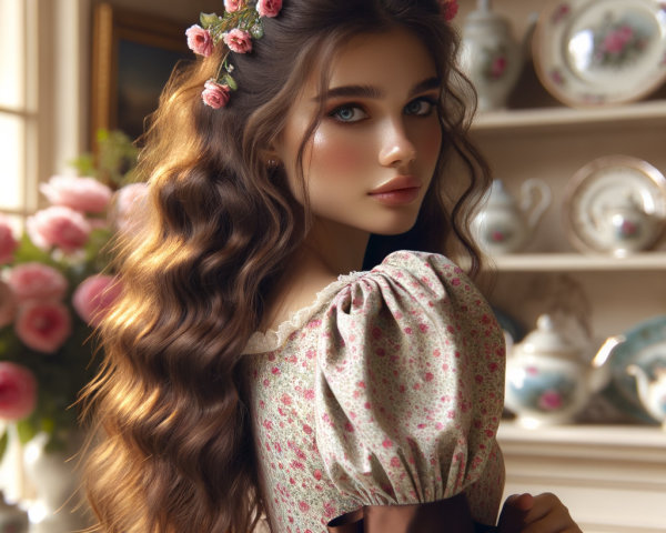 Young woman in floral dress with pink roses backdrop