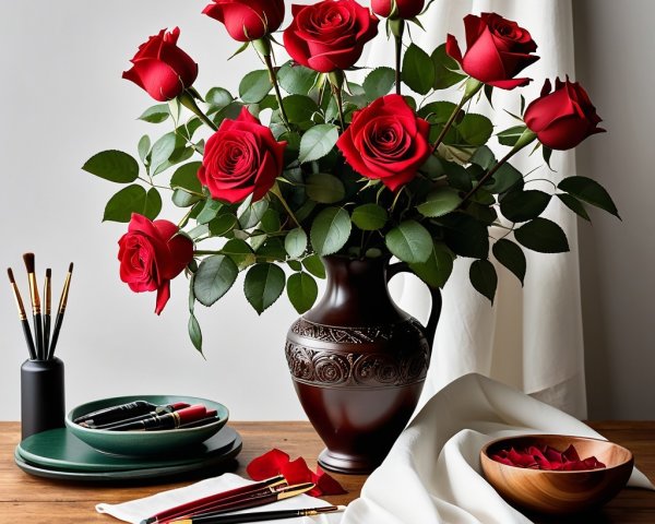 Vibrant Red Roses in Elegant Dark Vase Arrangement