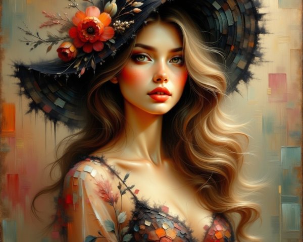 Elegant Portrait of a Woman in Floral Hat and Attire