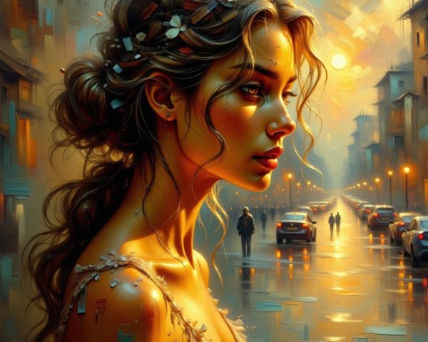 Serene Woman in Floral Accents at Sunset in City