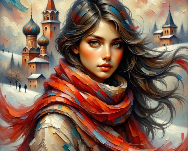 Young Woman in Red Scarf Amid Snowy Landscape