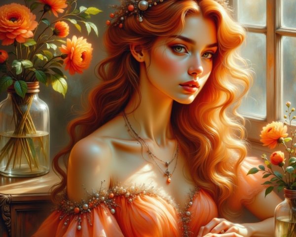 Young woman with orange hair in sunlit room