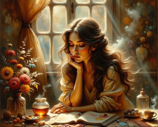 Cozy Room with Woman Reading and Sunlit Flowers