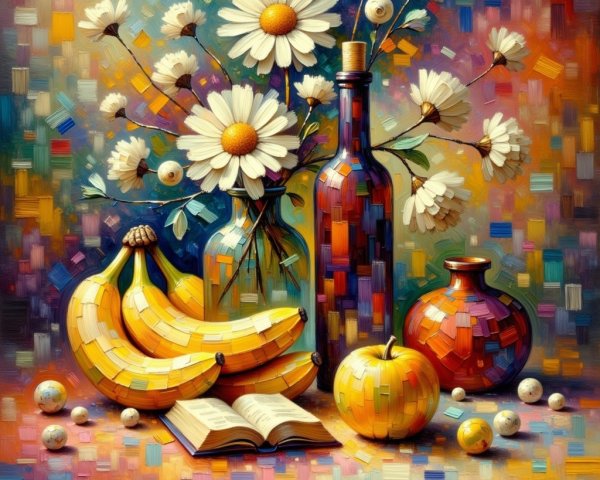Vibrant Still Life with Bananas, Apple, and Daisies