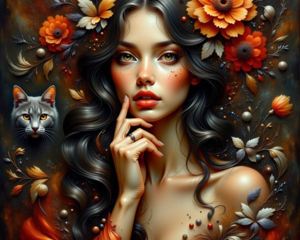 Portrait of a Young Woman with Flowers and Cat