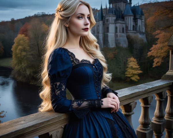 Young Woman in Elegant Gown Overlooking River and Castle