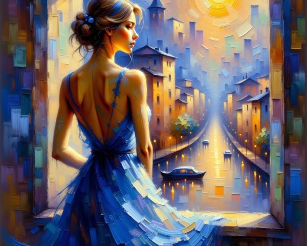 Woman in Blue Dress by Picturesque Sunset Window