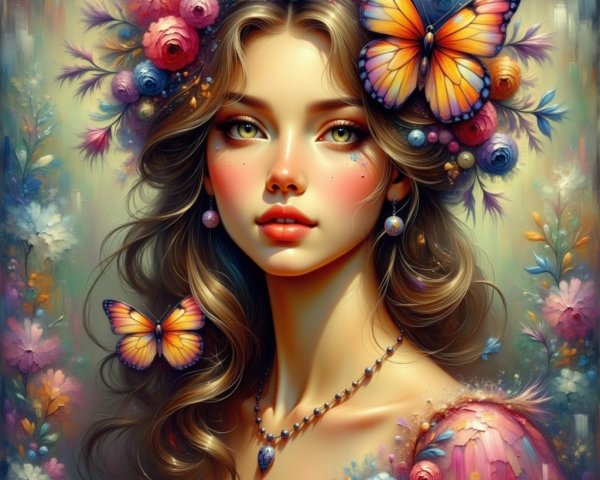 Portrait of a Young Woman with Floral Crown and Butterflies