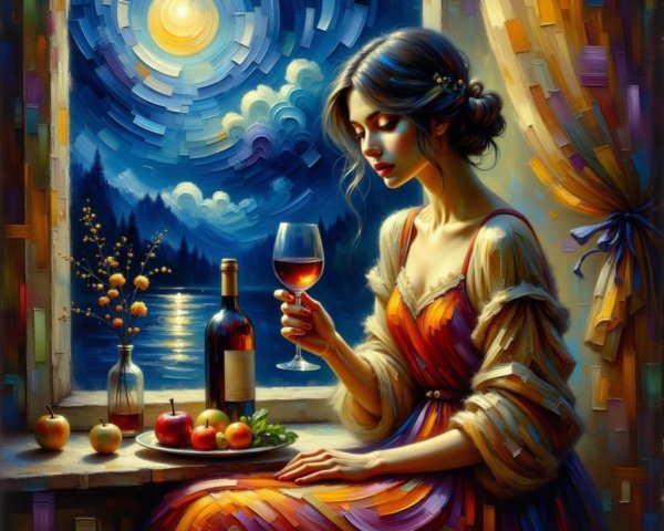 Moonlit Scene of a Woman in an Elegant Gown