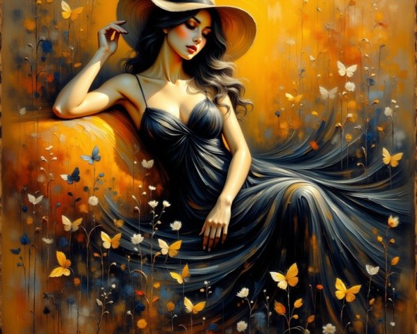 Serene Woman in Black Dress Against Floral Backdrop
