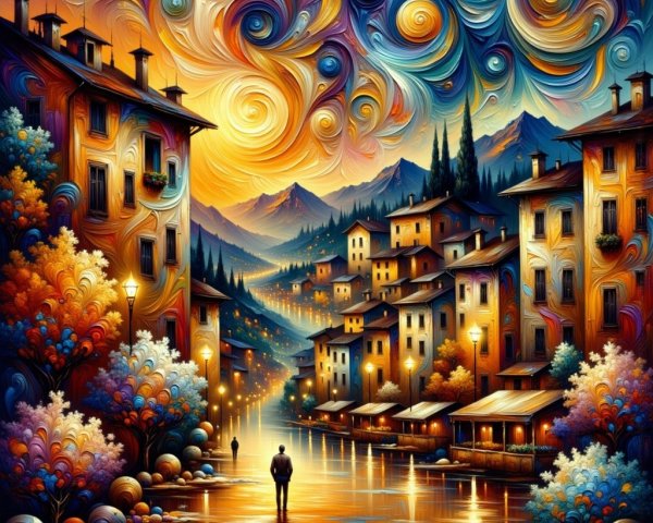 Vibrant Sunset Over a Quaint Village by a River