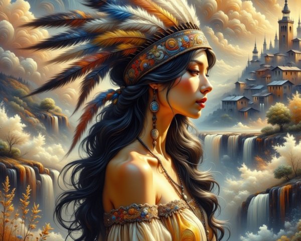 Serene Woman with Feather Headdress and Waterfalls