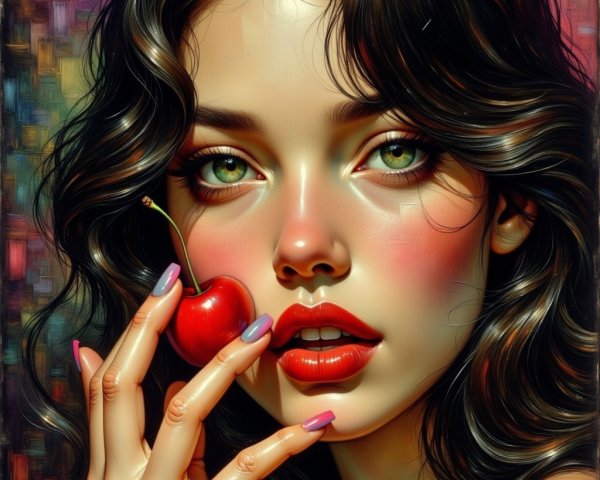 Digital Painting of a Woman with Cherry and Colorful Background