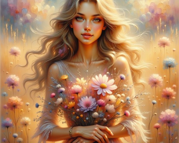 Woman with Wavy Hair and Colorful Flower Bouquet