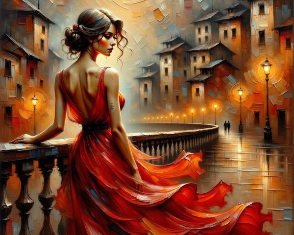Woman in Red Dress by Curved Stone Railing at Sunset