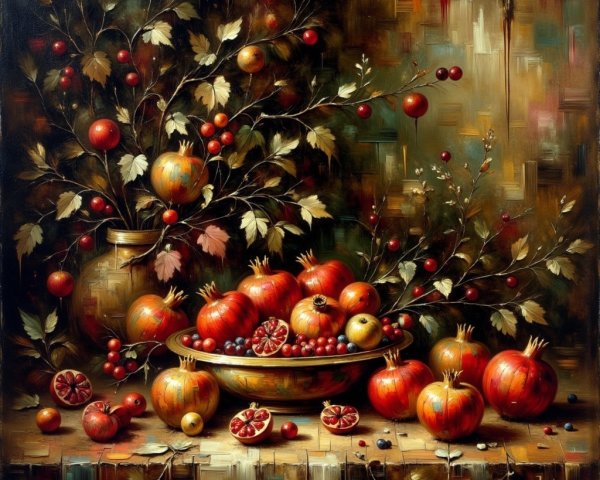 Vibrant Still Life of Pomegranates and Leaves