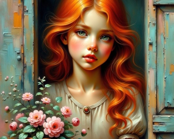 Young girl with red hair by ornate window with flowers