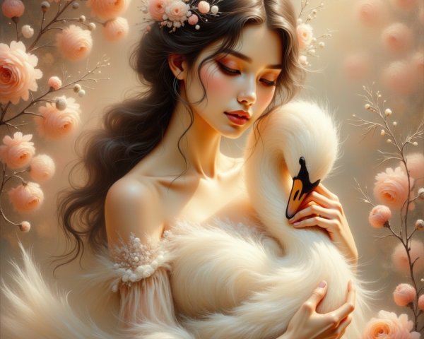 Serene woman with swan in tranquil floral setting