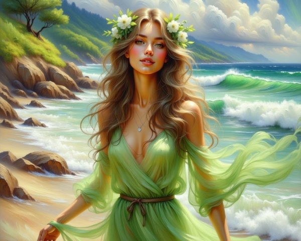 Serene Beach Scene with Woman in Floral Crown