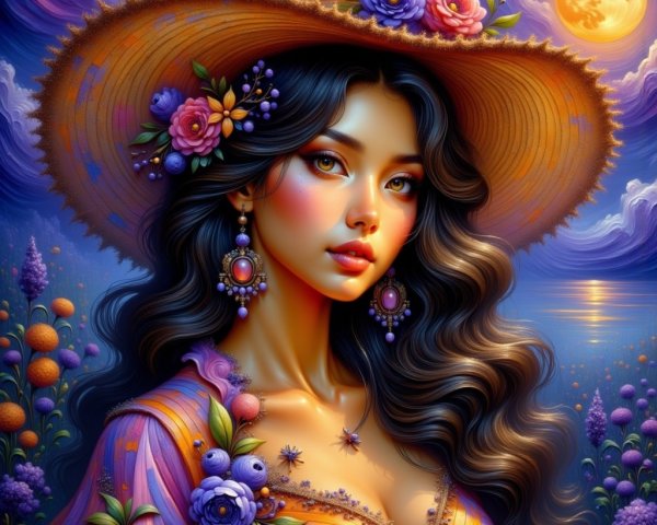 Detailed Portrait of a Young Woman with Flowers