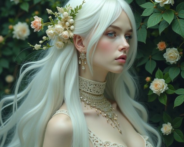 Young woman with white hair in floral setting